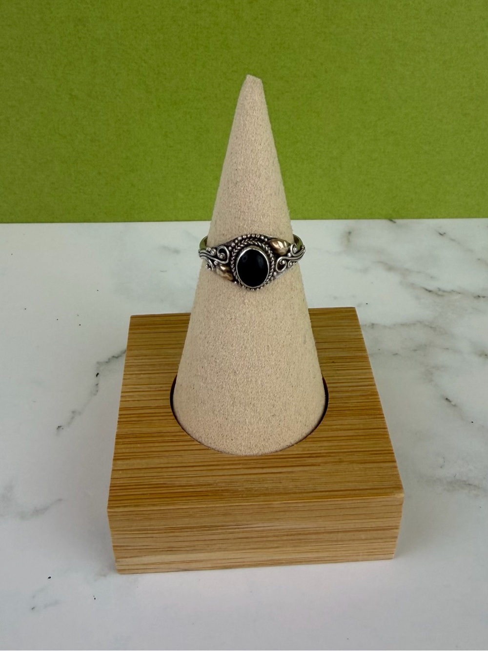 Vintage 925 Sterling Silver Black Onyx Filigree Solitaire Ring - Size 6.5